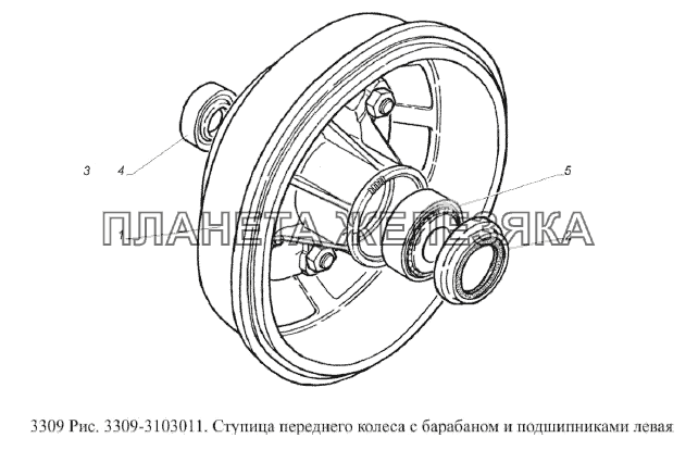 Ступица переднего колеса с барабаном и подшипниками левая ГАЗ-3309 (Евро 2)